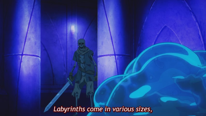A skeleton with a sword stands cautiously before a animate slime blob