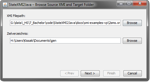 Screenshot of StateXMI2Java Wizard page 1: Selection of source XMI file and target folder
