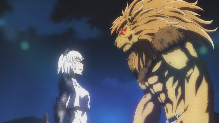 Snapshot of episode one - two animal humans standing before each other