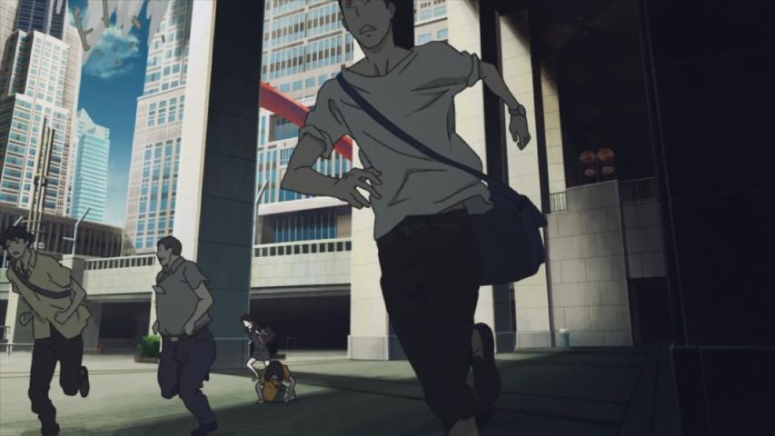 people running from building collapse